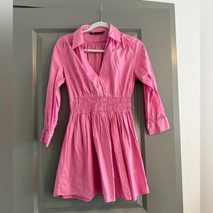 Zara Pink Collared Shirred-Waist Long Sleeve Dress